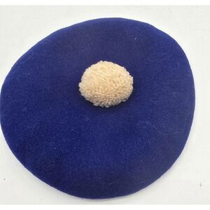 Vintage Blue Wool Beret With Pom Pom & Checkered Inner Band